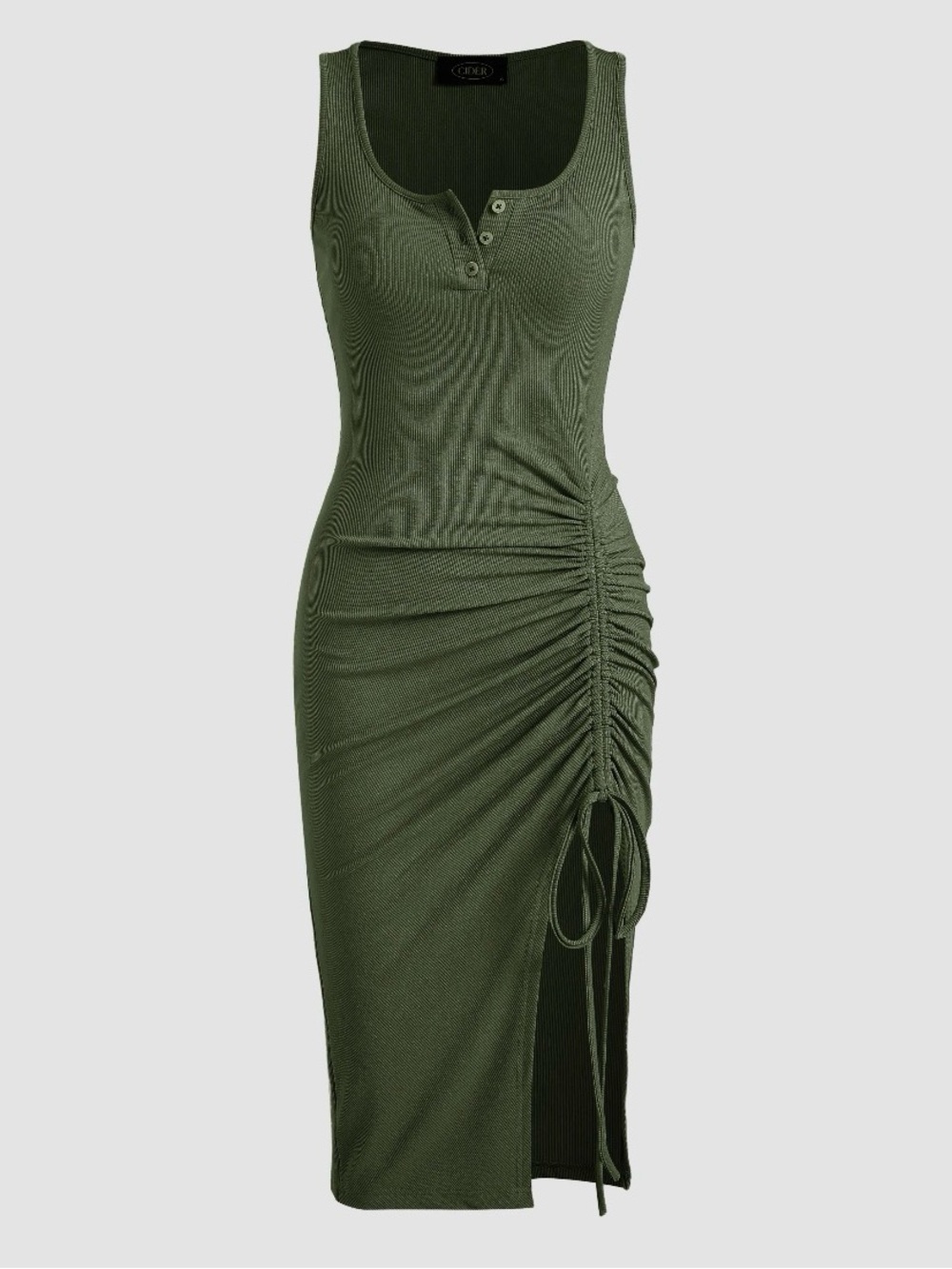 Cider Sleeveless Ruched Tank Midi Dress - Olive Green